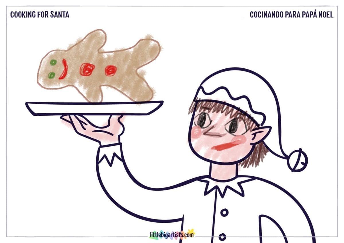 Ficha de actividad de dibujo de Navidad para niños: Cocinando para Papá Noel