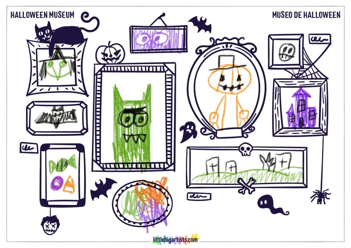 Ficha de actividades de dibujo para niños: Museo de Halloween