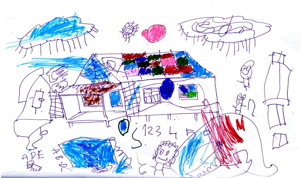 Child's drawing, happy child, house and garden stock photo