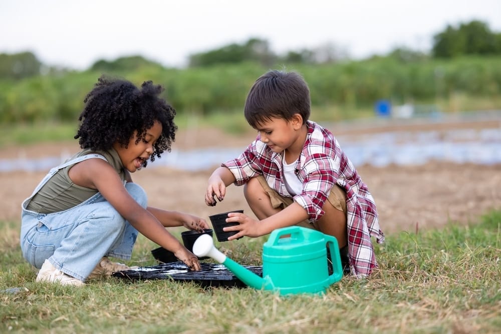 Children Prepare Soil Put In Container And Watering