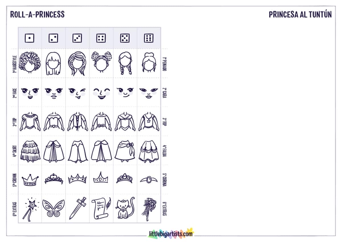 Roll A Princess Printable Drawing Activity - LittleBigArtists