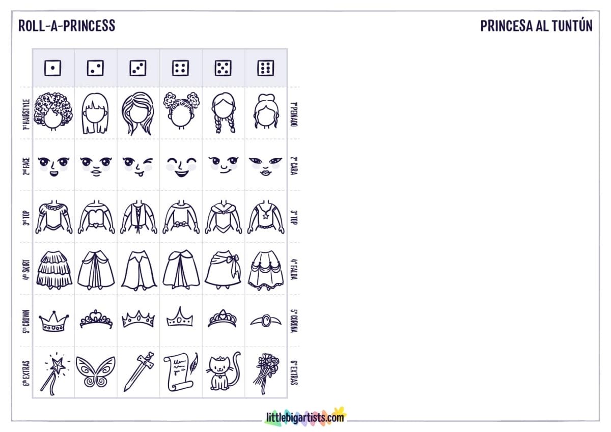 Roll A Princess Creativity Worksheet - LittleBigArtists