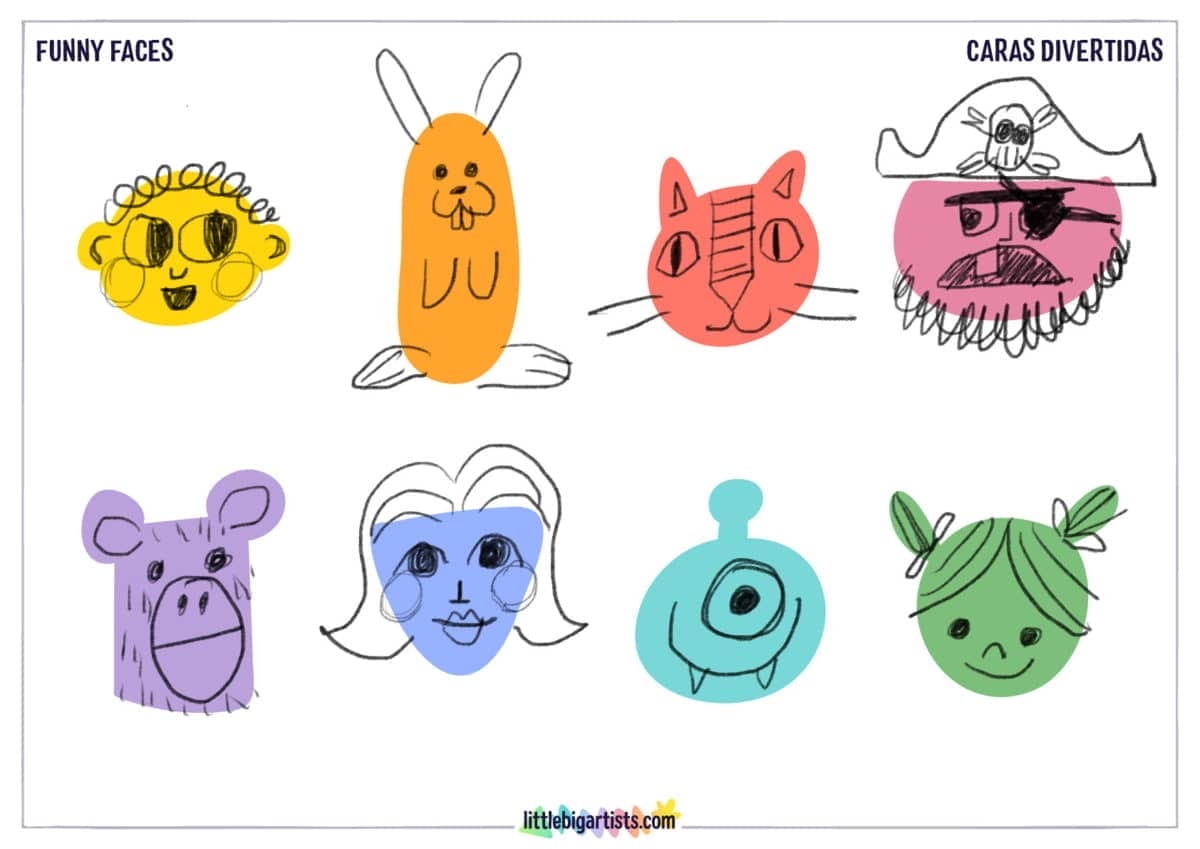 Ficha de actividades de dibujo para niños: Caras divertidas