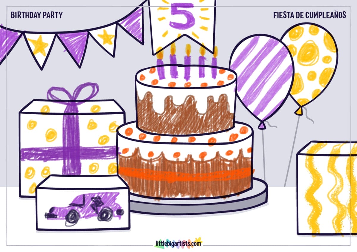 Birthday party - Printable Worksheet with Creative Drawing Activity